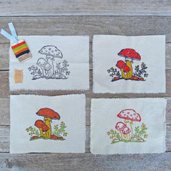 DIY block printed stitching: trio of mushrooms