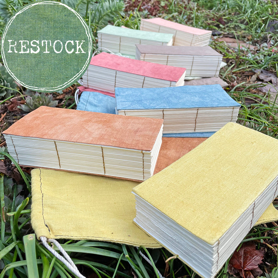 daily practice handbound journal (my thickest journal ever) in a plant-dyed linen bag