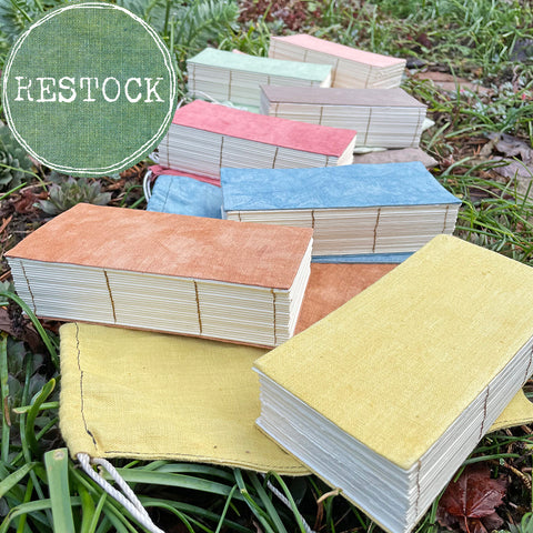 daily practice handbound journal (my thickest journal ever) in a plant-dyed linen bag