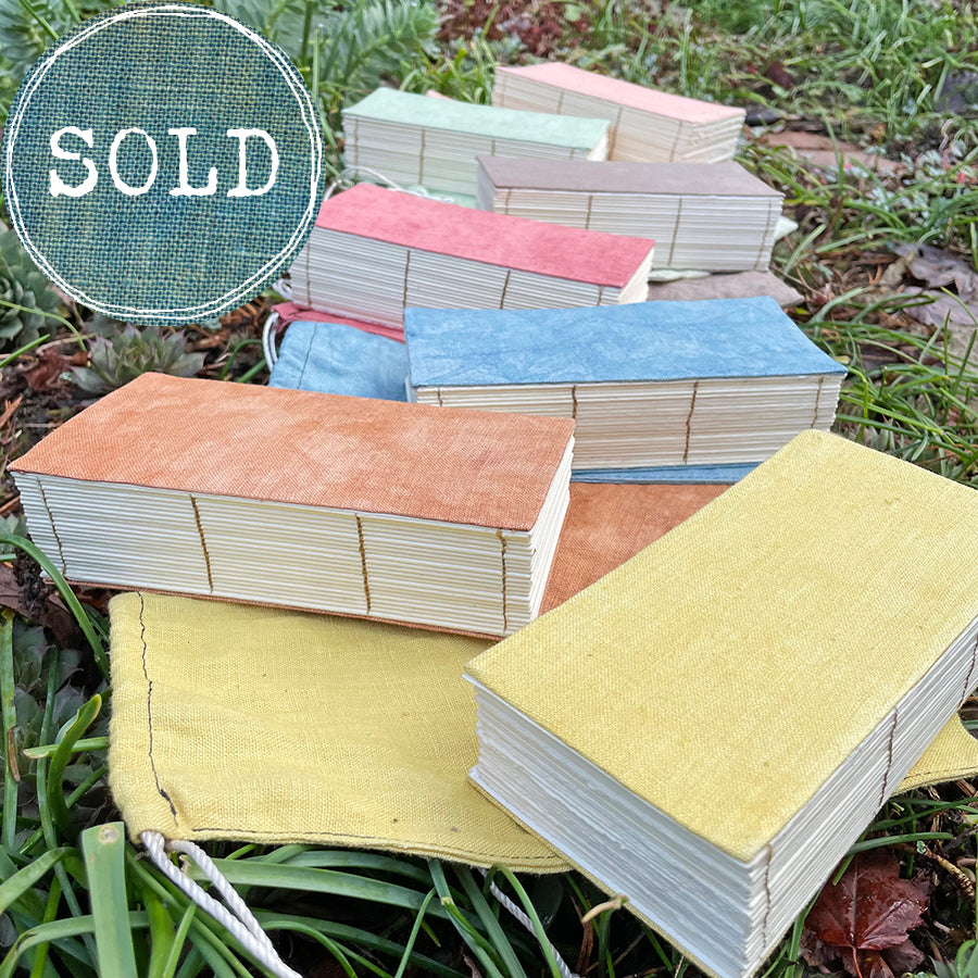 daily practice handbound journal (my thickest journal ever) in a plant-dyed linen bag