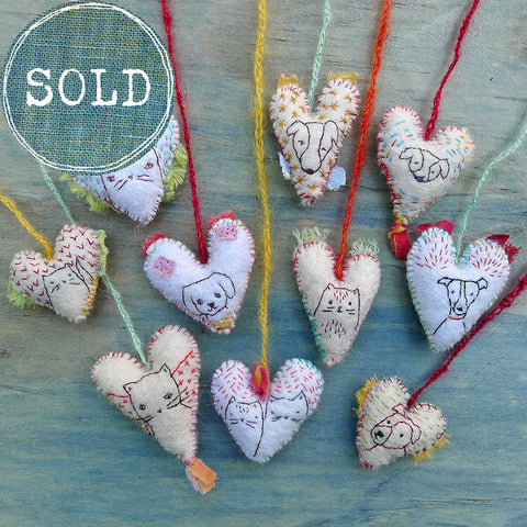 heavily stitched felt CAT & DOG hearts