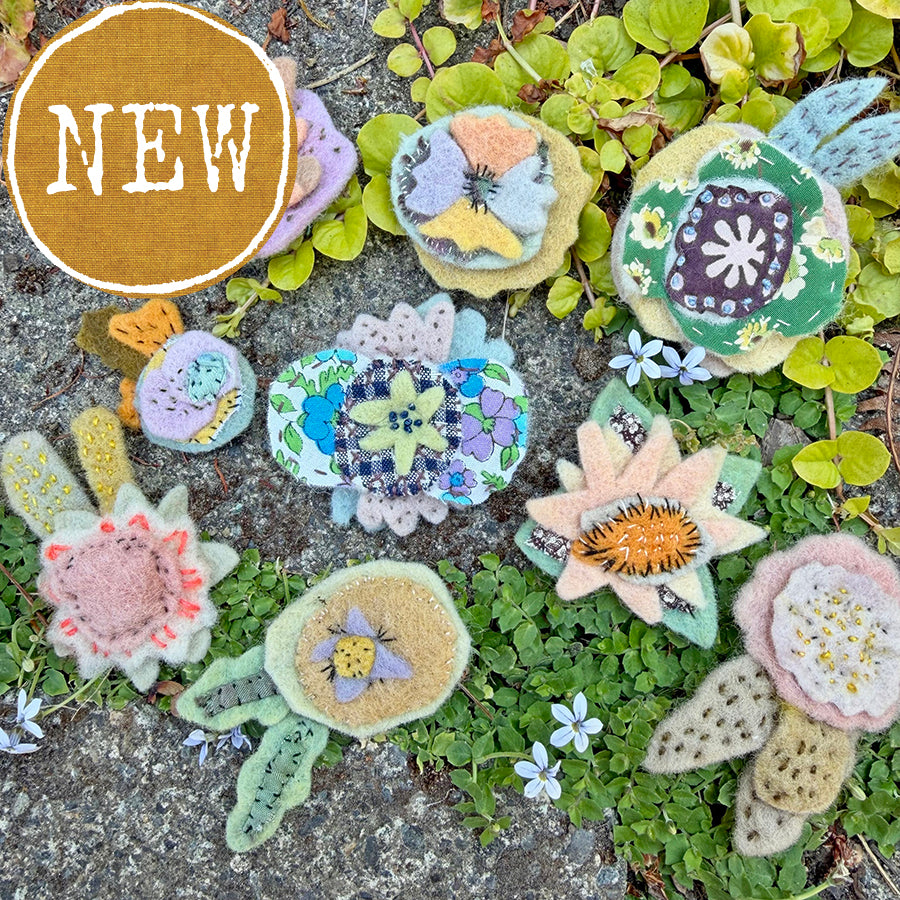 plant-dyed wool felt flower pins (new batch!)