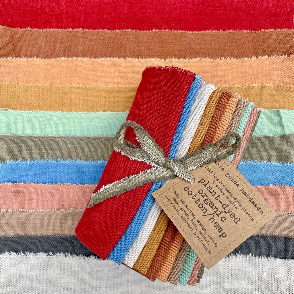 10" squares: plant-dyed 9oz organic cotton/hemp muslin