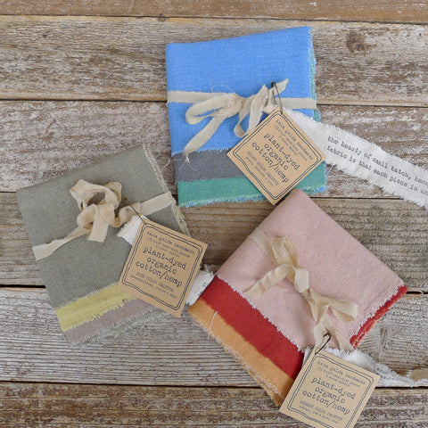 8" squares: plant-dyed 9oz organic cotton/hemp