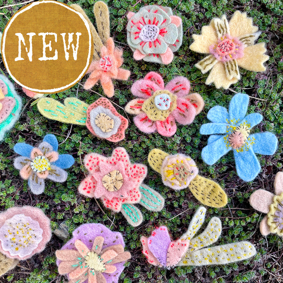 plant-dyed wool felt flower pins (new batch!)