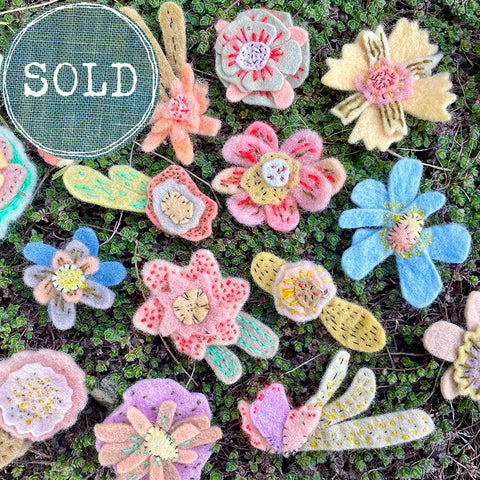 plant-dyed wool felt flower pins
