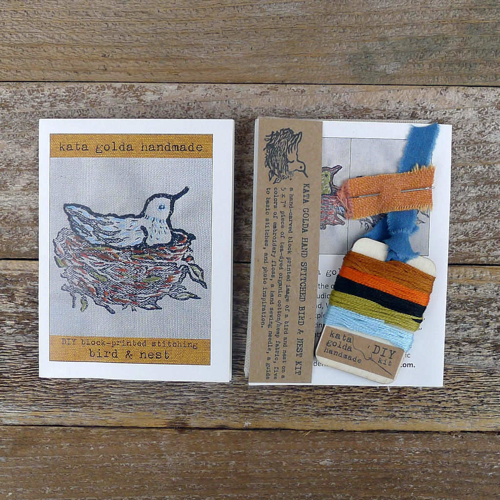 DIY block printed stitching: bird & nest