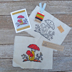 DIY block printed stitching: trio of mushrooms