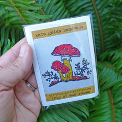 DIY block printed stitching: trio of mushrooms
