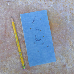 embroidered hemp journal: blue/moon & stars