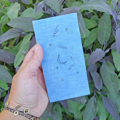 embroidered hemp journal: blue/moon & stars