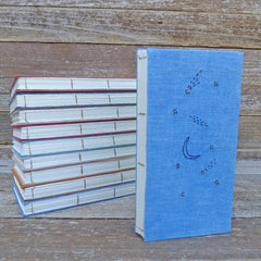 embroidered hemp journal: blue/moon & stars